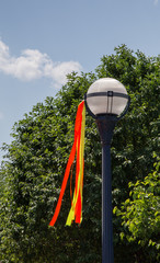 Lamp Post Decorated with Orange Ribbon