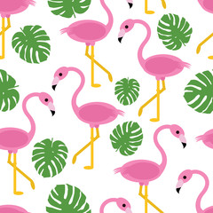 Seamless flamingo and monstera leaves on white background tropical pattern vector