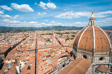 Fototapeta na wymiar Aerial view of Florence, Italy. With Florence Duomo Cathedral. Basilica di Santa Maria del Fiore or Basilica of Saint Mary of the Flower.