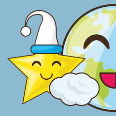 adorable earth and star with sleep hat vector illustration