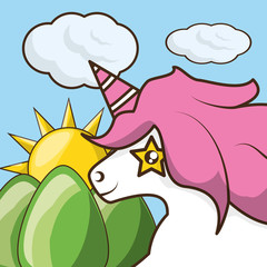 beautiful head unicorn with colorful landscape vector illustration