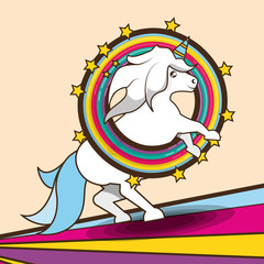 beautiful cute unicorn running over colorful rainbow vector illustration