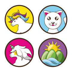adorable set icon of unicorns cat and landscape vector illustration