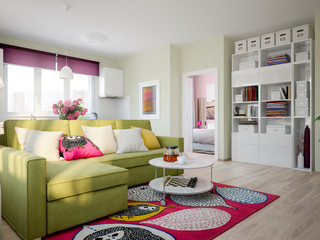 Modern Urban Contemporary Scandinavian Studio open living room dining room and kitchen Interior Design with Light green color walls, Fuchsia decor, white glossy kitchen and Light green sofa. 3d render - 158312168