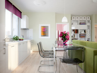 Modern Urban Contemporary Scandinavian Studio open living room dining room and kitchen Interior Design with Light green color walls, Fuchsia decor, white glossy kitchen and Light green sofa. 3d render - 158312179