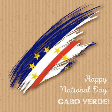 Cabo Verde Independence Day Patriotic Design. Expressive Brush Stroke in National Flag Colors on kraft paper background. Happy Independence Day Cabo Verde Vector Greeting Card.