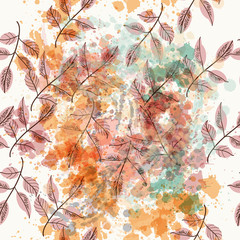 Floral vector pattern with ink spots and pink leafs