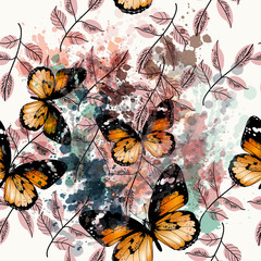 Fototapeta na wymiar Floral vector pattern with ink spots and butterflies