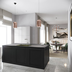 Modern Urban Contemporary Gray Kitchen Interior Design with White Gray Marble and Large Kitchen Island. 3d rendering