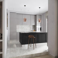 Modern Urban Contemporary Gray Kitchen Interior Design with White Gray Marble and Large Kitchen Island. 3d rendering - 158313123