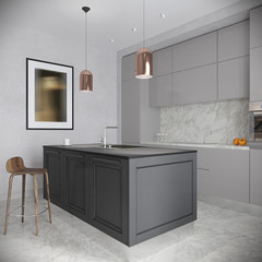 Modern Urban Contemporary Gray Kitchen Interior Design with White Gray Marble and Large Kitchen Island. 3d rendering - 158313124