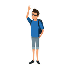 happy young man with sunglasses traveler standing with backpack travel character vector Illustration