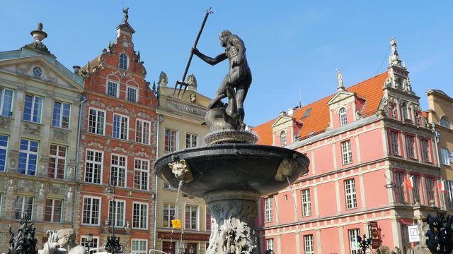 4K Neptune Fountain Bronze Metal, Gdansk Poland, Europe Town Square Architecture