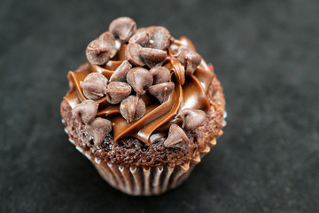 Chocolate cupcake garnished with chocolate chips and chocolate frosting on black background