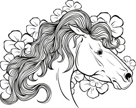 Coloring page with a portrait of a horse.