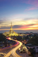 The beautiful sunset landscape of Wat So thorn Temple travel destination of buddhism religion at Cha choeng sao province, Thailand