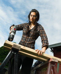 Craftsperson Woman Uses Power Screwdriver Drilling Holes Wood