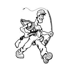 Man hunting fish and birds. cartoon character . Vector Illustration.