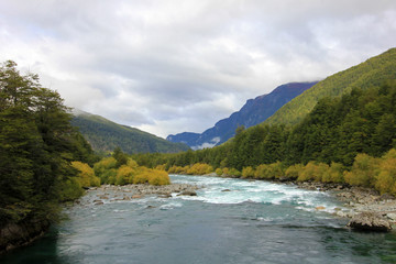 Fototapeta na wymiar River Futaleufu flowing, well known for white water rafting, Patagonia, southern Chile.