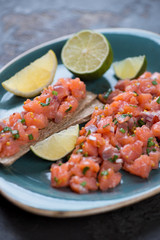 Close-up of salmon tartar served on a plate, selective focus, shallow depth of field