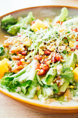 Grilled chicken with vegetable and pomegranate , fruits salad in plate - Color Filter Processing