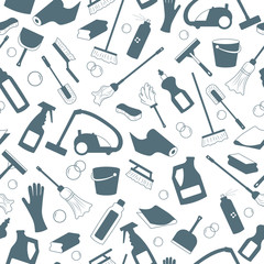 Seamless pattern on the theme of cleaning and household equipment and cleaning products,a grey silhouettes of icons on a light background 