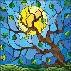Naklejki  Illustration in stained glass style with tree on sky background and sun