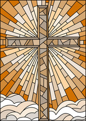 Naklejki  Ilustracja w stylu witrażu z chrześcijańskim krzyżem na tle nieba i chmur, brązowy odcień, sepia
