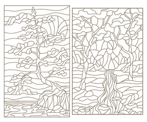 Set contour illustrations of the stained glass of landscapes with trees