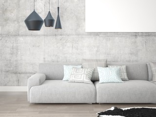 Mock up an empty frame with a large comfortable sofa on the hipster background.