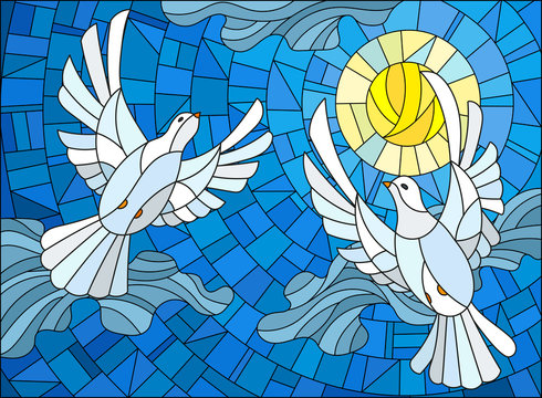 Illustration in stained glass style with a pair of white doves on the background of the daytime sky and clouds