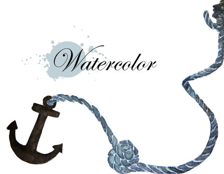 Watercolor painting of anchor and rope - nautical elements with place for text