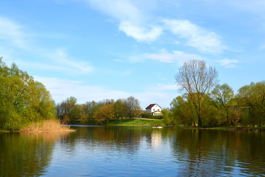 Lepel, Belarus: spring city landscape with the lake