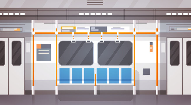 Empty Subway Car Interior Modern City Public Transport, Underground Tram Flat Vector Illustration