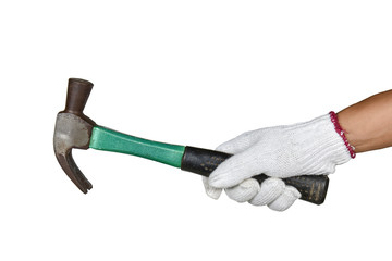 a hand with protection glove holding rusty hammer