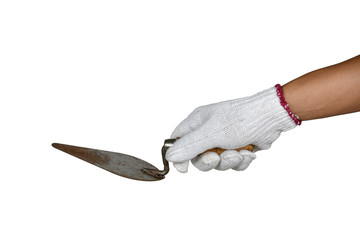 a hand with protection glove holding Building trowel