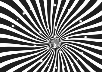 Black and White Sunburst vector background. Swirl strips with sparkling stars clipart, wallpaper, banner and backdrop.