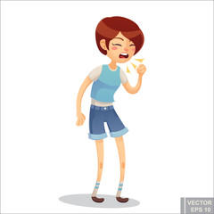 Vector - Sick woman. Unhappy character. Vector cartoon illustration. Girl coughing in hand. Season allergy illness