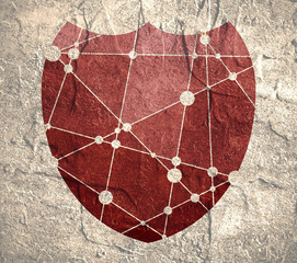 Shield low poly style. Abstract polygonal shield. Red gradient. Antivirus concept. Molecule And Communication design. Connected lines with dots. Concrete grunge texture