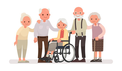 Group of old people on a white background. An elderly woman is sitting in a wheelchair