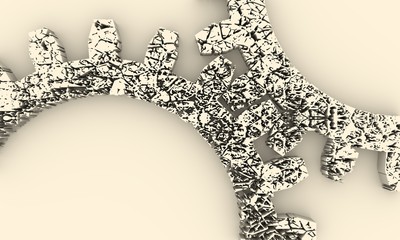 Mechanism of Gears. Communication Concept in Industrial Design. Modern brochure design template. 3D rendering. Splattered cog wheel