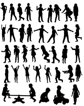 collection of silhouettes of happy children running jumping