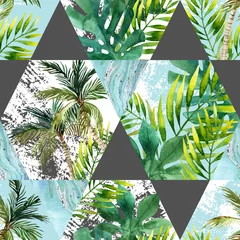 Fototapete Grafikdrucke Aquarell tropische Blätter und Palmen in geometrischen Formen nahtlose Muster