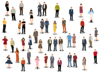 Collection of people stand, female male children, flat style, isometric people