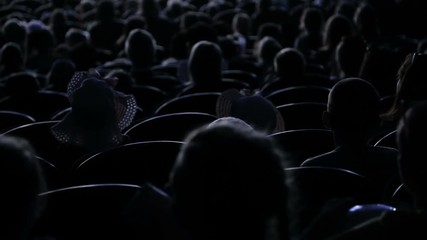 The audience applauded for a performance or presentation in the theater. Video from the back. Children and adults alike