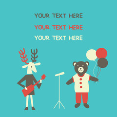 Cute cartoon Deer and Bear greeting card.  Vector illustration.