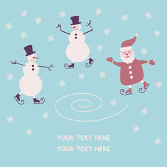 Christmas and New Year greeting card with Santa and snowmen. Vector illustration.