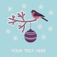 Christmas and New Year greeting card with a bullfinch and christmas decorations. Vector illustration.