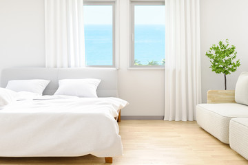 The modern of white bedroom bed sheets and pillows ,comfort and bedding concept and beach background at windows, 3D illustration