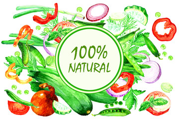 vegetables set watercolor. Motivational poster or banner.Healthy eating concept.